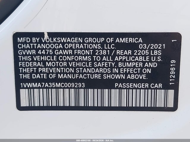 45952188 :رقم المزاد ، 1VWMA7A35MC009293 vin ، 2021 Volkswagen Passat 2.0t R-line مزاد بيع