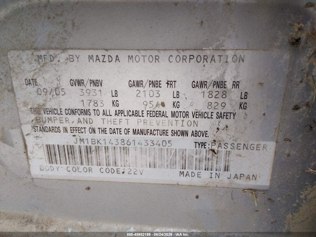 Продаж на аукціоні авто 2006 Mazda Mazda3 S, vin: JM1BK143861433405, номер лоту: 45952199