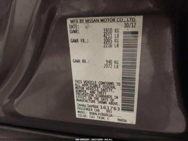 Aukcja sprzedaży 2013 Nissan Altima 2.5, vin: 1N4AL3AP6DC161763, numer aukcji: 45952207