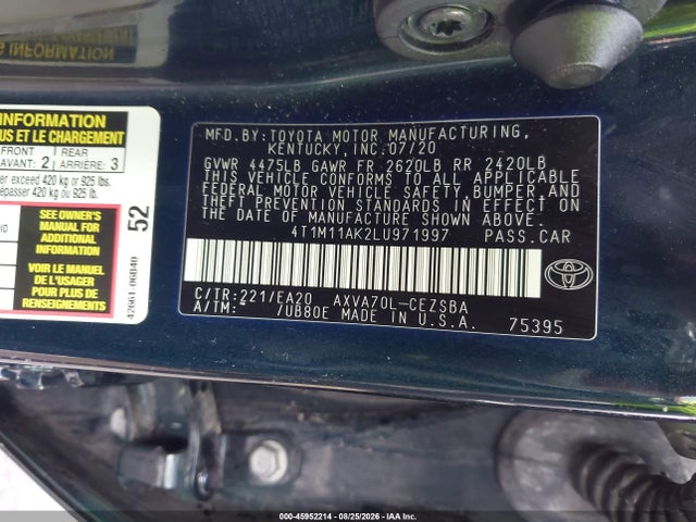 2020 Toyota Camry Se მანქანა იყიდება აუქციონზე, vin: 4T1M11AK2LU971997, აუქციონის ნომერი: 45952214