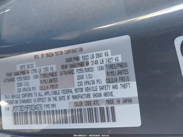 45952217 :رقم المزاد ، JM3TCBDY6P0634978 vin ، 2023 Mazda Cx-9 Carbon Edition مزاد بيع
