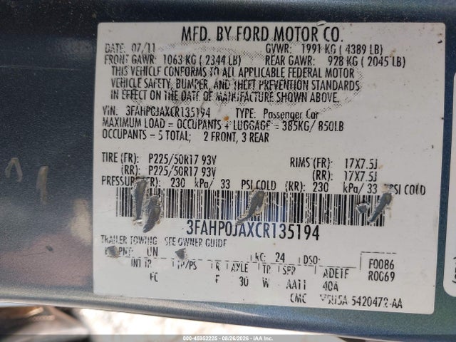 Продаж на аукціоні авто 2012 Ford Fusion Sel, vin: 3FAHP0JAXCR135194, номер лоту: 45952225