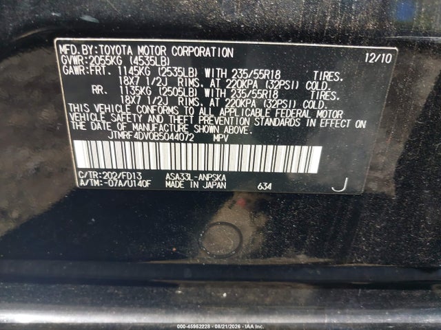 Aukcja sprzedaży 2011 Toyota Rav4 Sport, vin: JTMRF4DV0B5044072, numer aukcji: 45952228
