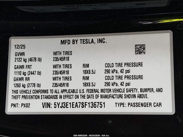 Продаж на аукціоні авто 2025 Tesla Model 3 Long Range Rear-wheel Drive/standard Rear-wheel Drive, vin: 5YJ3E1EA7SF136751, номер лоту: 45952250