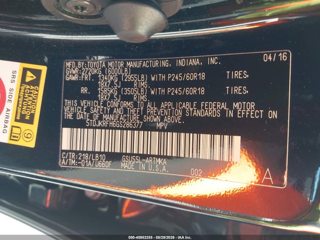 5TDJKRFH6GS286377 Toyota Highlander Xle V6