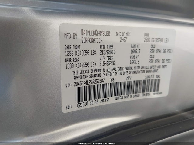 Продажа на аукционе авто 2007 Dodge Grand Caravan Sxt, vin: 2D4GP44L27R257587, номер лота: 45952261
