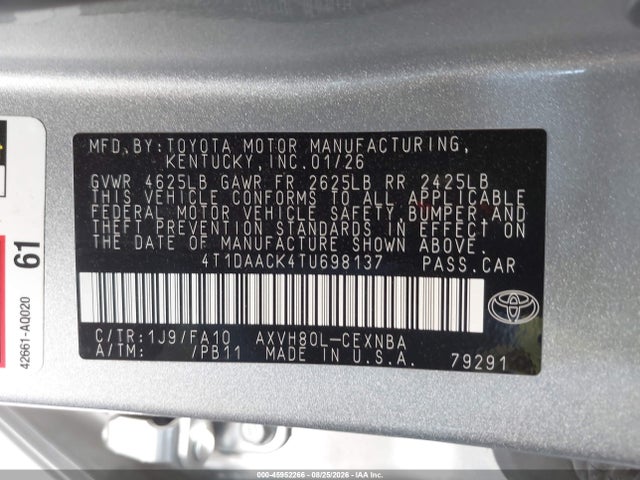 Продаж на аукціоні авто 2026 Toyota Camry Le, vin: 4T1DAACK4TU698137, номер лоту: 45952266