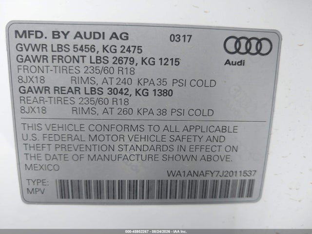 45952267 :رقم المزاد ، WA1ANAFY7J2011537 vin ، 2018 Audi Q5 2.0t Premium/2.0t Tech Premium مزاد بيع