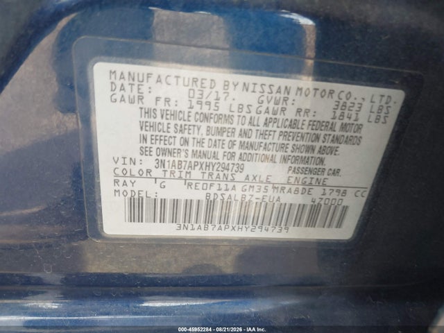 3N1AB7APXHY294739 Nissan SENTRA S
