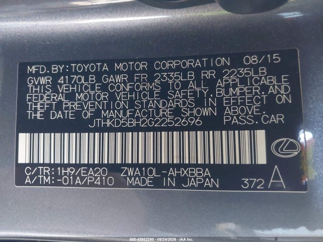 45952290 :رقم المزاد ، JTHKD5BH2G2252696 vin ، 2016 Lexus Ct 200h مزاد بيع
