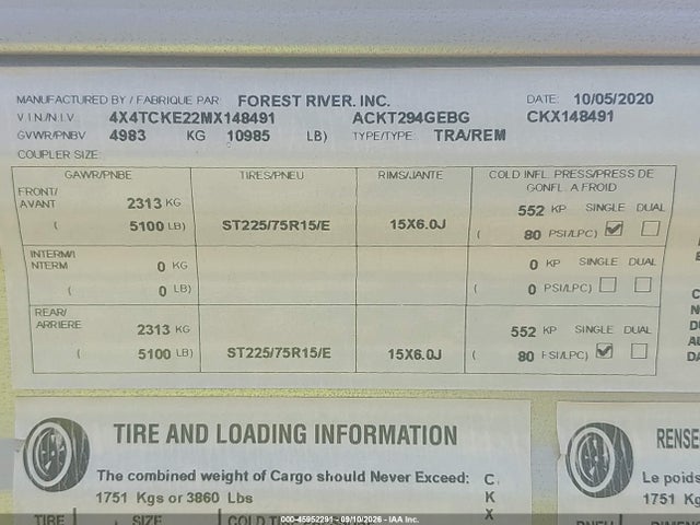 Продаж на аукціоні авто 2021 Forest River Cherokee, vin: 4X4TCKE22MX148491, номер лоту: 45952291