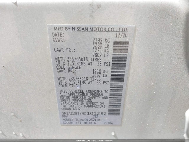 Продажа на аукционе авто 2021 Nissan Murano Sv Intelligent Awd, vin: 5N1AZ2BS7MC101282, номер лота: 45952292