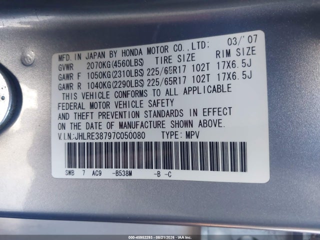 Aukcja sprzedaży 2007 Honda Cr-v Ex-l, vin: JHLRE38797C050080, numer aukcji: 45952293
