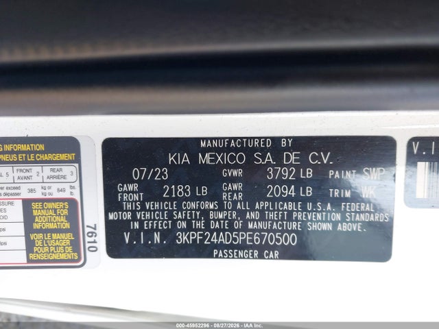 Продажа на аукционе авто 2023 Kia Forte Lxs, vin: 3KPF24AD5PE670500, номер лота: 45952296