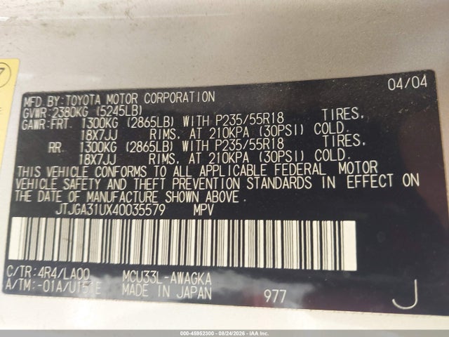 45952300 :رقم المزاد ، JTJGA31UX40035579 vin ، 2004 Lexus Rx 330 مزاد بيع