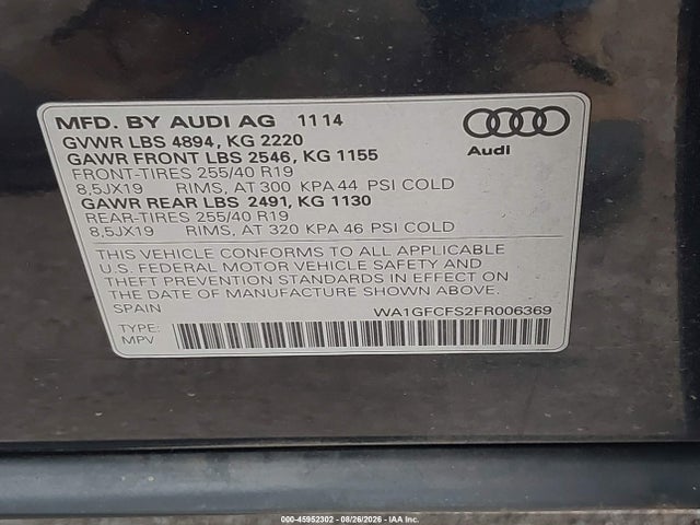 Продаж на аукціоні авто 2015 Audi Q3 2.0t Premium Plus, vin: WA1GFCFS2FR006369, номер лоту: 45952302