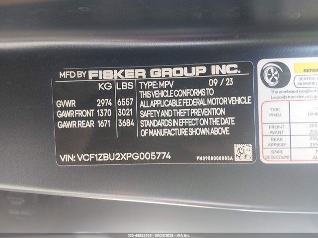 Aukcja sprzedaży 2023 Fisker Ocean One, vin: VCF1ZBU2XPG005774, numer aukcji: 45952305