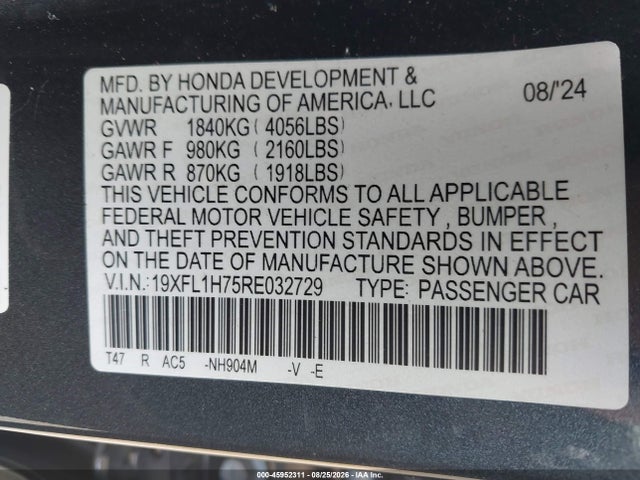 Aukcja sprzedaży 2024 Honda Civic Ex-l, vin: 19XFL1H75RE032729, numer aukcji: 45952311