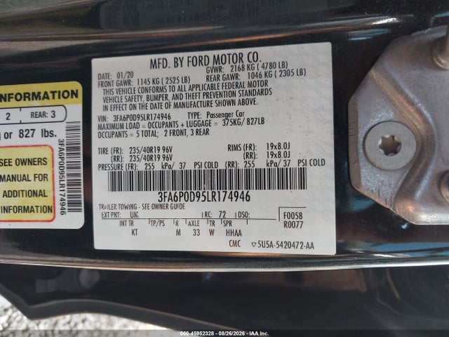Aukcja sprzedaży 2020 Ford Fusion Titanium, vin: 3FA6P0D95LR174946, numer aukcji: 45952328