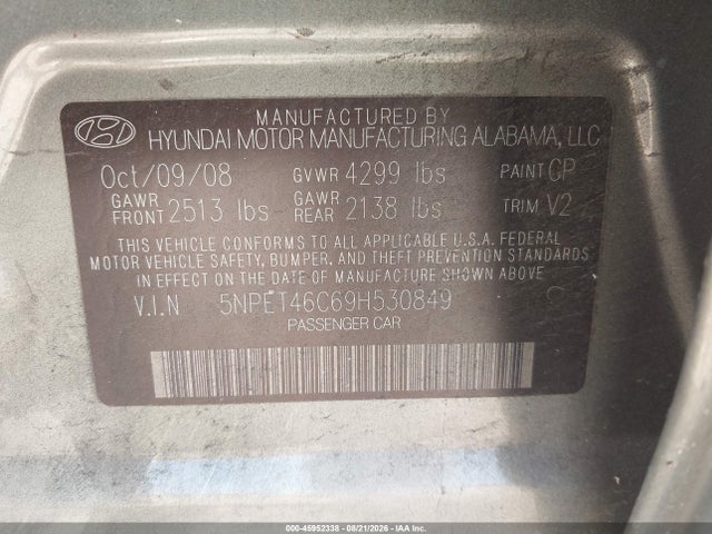 2009 Hyundai Sonata Gls მანქანა იყიდება აუქციონზე, vin: 5NPET46C69H530849, აუქციონის ნომერი: 45952338