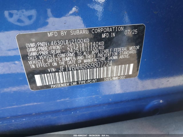 2025 Subaru Wrx Premium მანქანა იყიდება აუქციონზე, vin: JF1VBAH68S9807224, აუქციონის ნომერი: 45952347