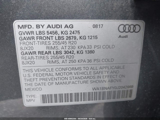 Aukcja sprzedaży 2018 Audi Q5 2.0t Premium/2.0t Tech Premium, vin: WA1BNAFY0J2042889, numer aukcji: 45952354
