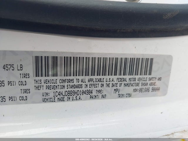 Aukcja sprzedaży 2017 Jeep Compass Sport, vin: 1C4NJDBB9HD104984, numer aukcji: 45952362
