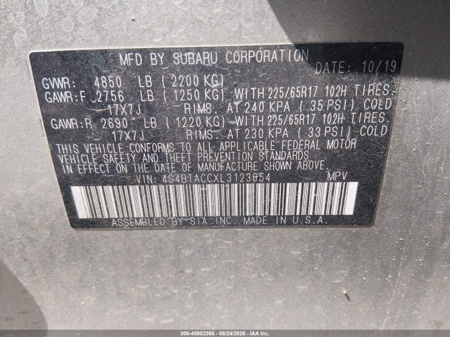 Продаж на аукціоні авто 2020 Subaru Outback Premium, vin: 4S4BTACCXL3123654, номер лоту: 45952365