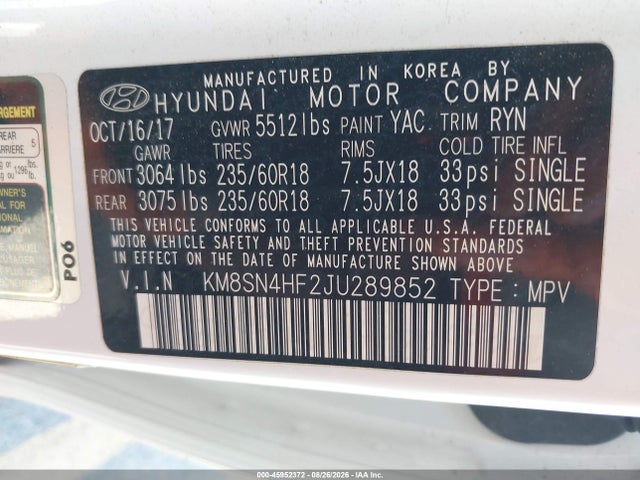 KM8SN4HF2JU289852 Hyundai Santa Fe Se