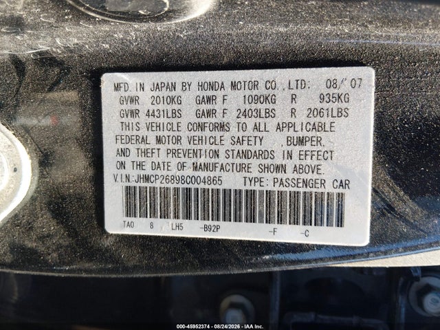45952374 :رقم المزاد ، JHMCP26898C004865 vin ، 2008 Honda Accord 2.4 Ex-l مزاد بيع