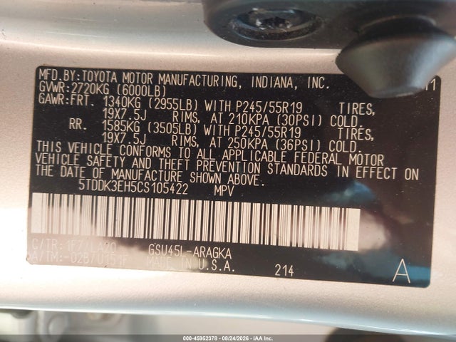 Aukcja sprzedaży 2012 Toyota Highlander Limited V6, vin: 5TDDK3EH5CS105422, numer aukcji: 45952378