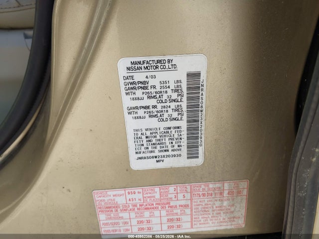 Aukcja sprzedaży 2003 Infiniti Fx35, vin: JNRAS08W23X203930, numer aukcji: 45952386
