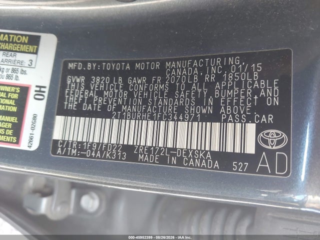 45952399 :رقم المزاد ، 2T1BURHE1FC344971 vin ، 2015 Toyota Corolla S Plus مزاد بيع