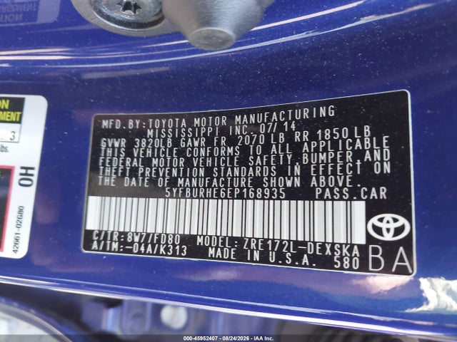 5YFBURHE6EP168935 Toyota Corolla S Plus
