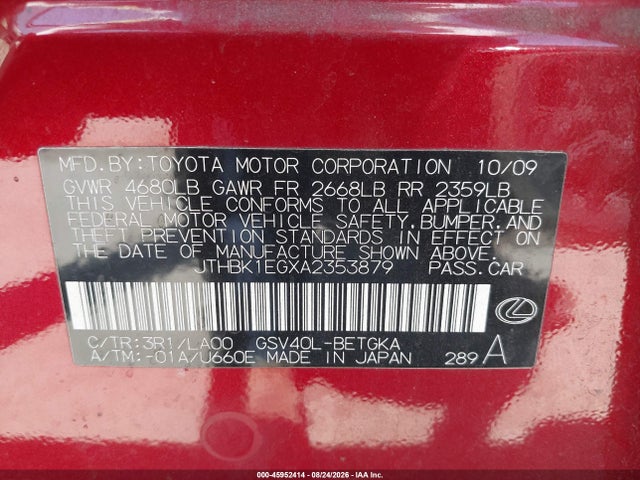 2010 Lexus Es 350 მანქანა იყიდება აუქციონზე, vin: JTHBK1EGXA2353879, აუქციონის ნომერი: 45952414