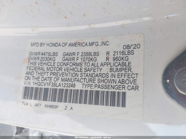 Aukcja sprzedaży 2020 Honda Accord Sport, vin: 1HGCV1F35LA123248, numer aukcji: 45952421