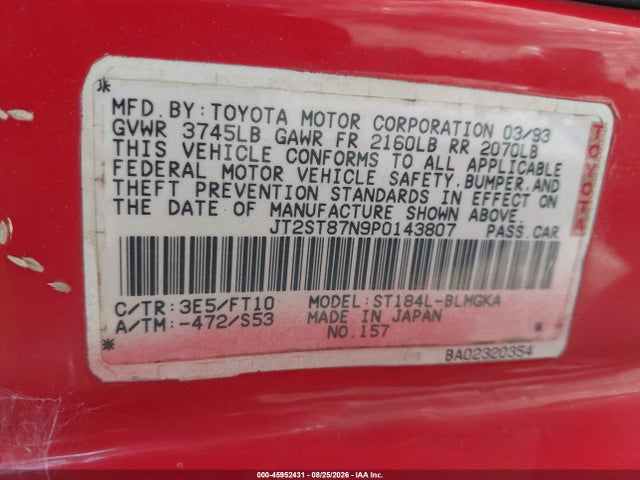 45952431 :رقم المزاد ، JT2ST87N9P0143807 vin ، 1993 Toyota Celica Gt مزاد بيع
