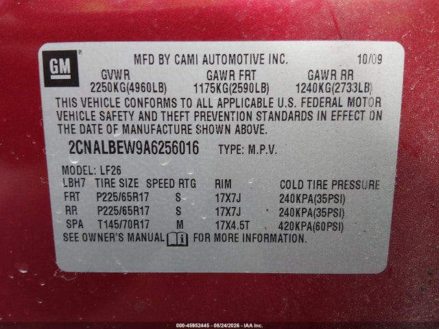45952445 :رقم المزاد ، 2CNALBEW9A6256016 vin ، 2010 Chevrolet Equinox Ls مزاد بيع