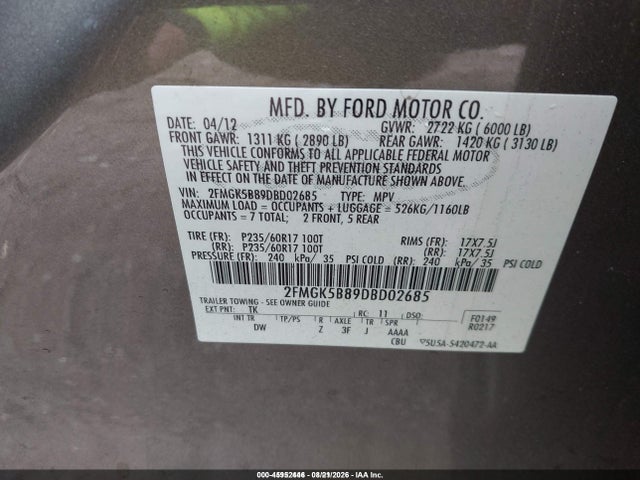 2013 Ford Flex Se მანქანა იყიდება აუქციონზე, vin: 2FMGK5B89DBD02685, აუქციონის ნომერი: 45952446