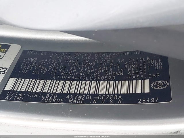 2020 Toyota Camry Xse მანქანა იყიდება აუქციონზე, vin: 4T1K61AK6LU340579, აუქციონის ნომერი: 45952452