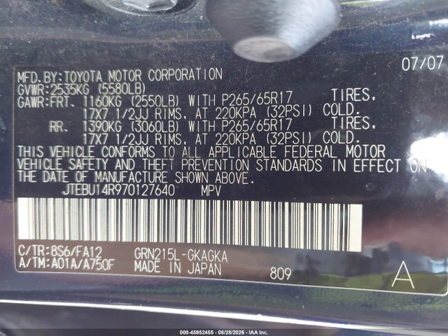 Продаж на аукціоні авто 2007 Toyota 4runner Sr5, vin: JTEBU14R970127640, номер лоту: 45952455