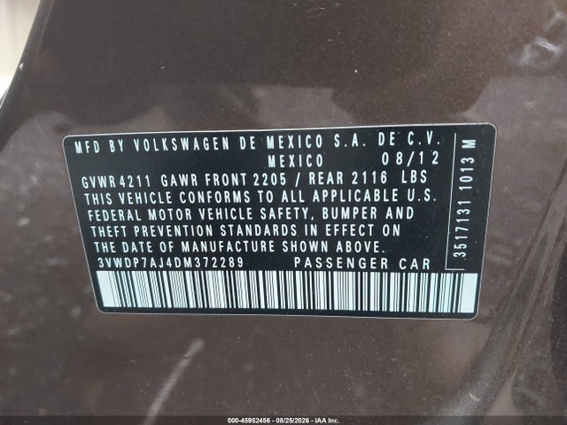 2013 Volkswagen Jetta 2.5l Se მანქანა იყიდება აუქციონზე, vin: 3VWDP7AJ4DM372289, აუქციონის ნომერი: 45952456