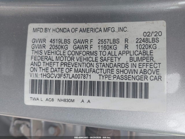 1HGCV3F57LA007871 Honda Accord Hybrid Ex-l