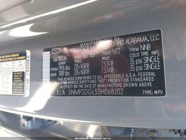 Aukcja sprzedaży 2025 Hyundai Santa Fe Sel, vin: 5NMP2DGL5SH068202, numer aukcji: 45952486
