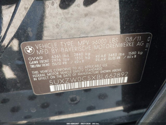 45952507 :رقم المزاد ، 5UXZW0C5XBL662892 vin ، 2011 Bmw X5 Xdrive35d مزاد بيع