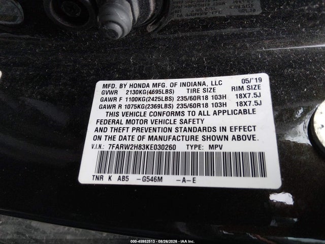 Aukcja sprzedaży 2019 Honda Cr-v Ex-l, vin: 7FARW2H83KE030260, numer aukcji: 45952513
