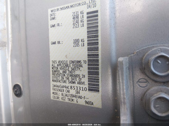 Продажа на аукционе авто 2010 Nissan Maxima 3.5 Sv, vin: 1N4AA5AP4AC853310, номер лота: 45952518