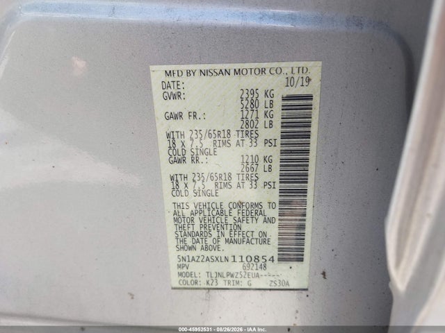 Продаж на аукціоні авто 2020 Nissan Murano S, vin: 5N1AZ2ASXLN110854, номер лоту: 45952531
