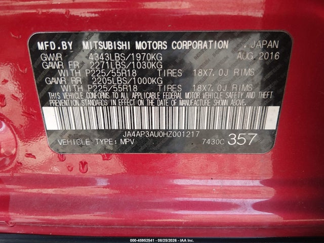 Aukcja sprzedaży 2017 Mitsubishi Outlander Sport 2.0 Es/2.0 Le, vin: JA4AP3AU0HZ001217, numer aukcji: 45952541
