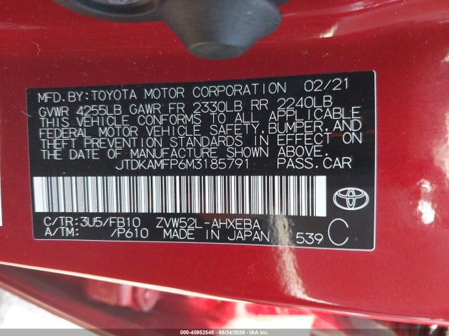 2021 Toyota Prius Prime Le მანქანა იყიდება აუქციონზე, vin: JTDKAMFP6M3185791, აუქციონის ნომერი: 45952548